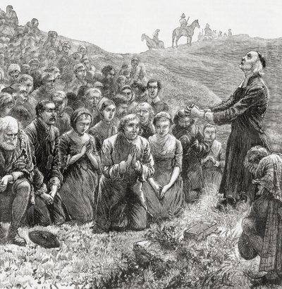 A prayer meeting of Covenanters in the 17th century, illustration from 